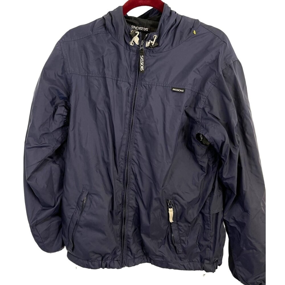 Sessions rain jacket blue black lining zip front hood elastic cuffed READ